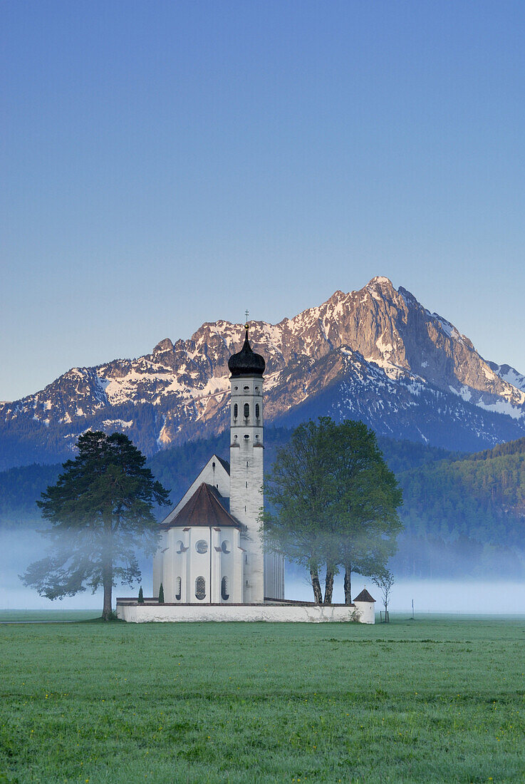 Kirche St. Coloman im Morgennebel, bei Schwangau, Allgäu, Bayern, Deutschland