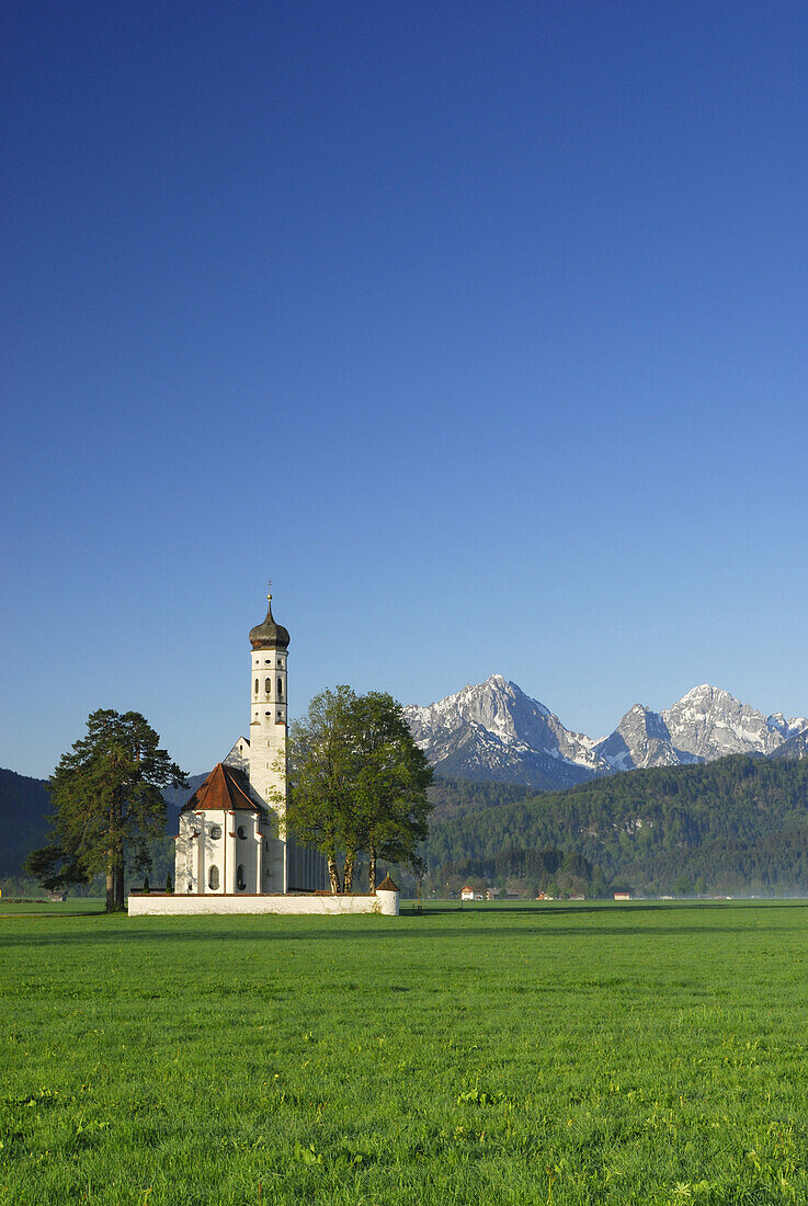 Kirche St. Coloman mit Bergkulisse, bei Schwangau, Allgäu, Bayern, Deutschland