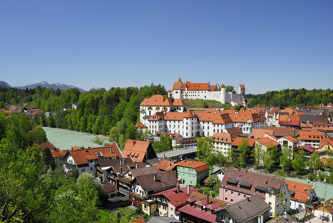 View to Old Town with St. Mang's Abbey, Fuessen, Allgaeu, Swabia, Bavaria, Germany