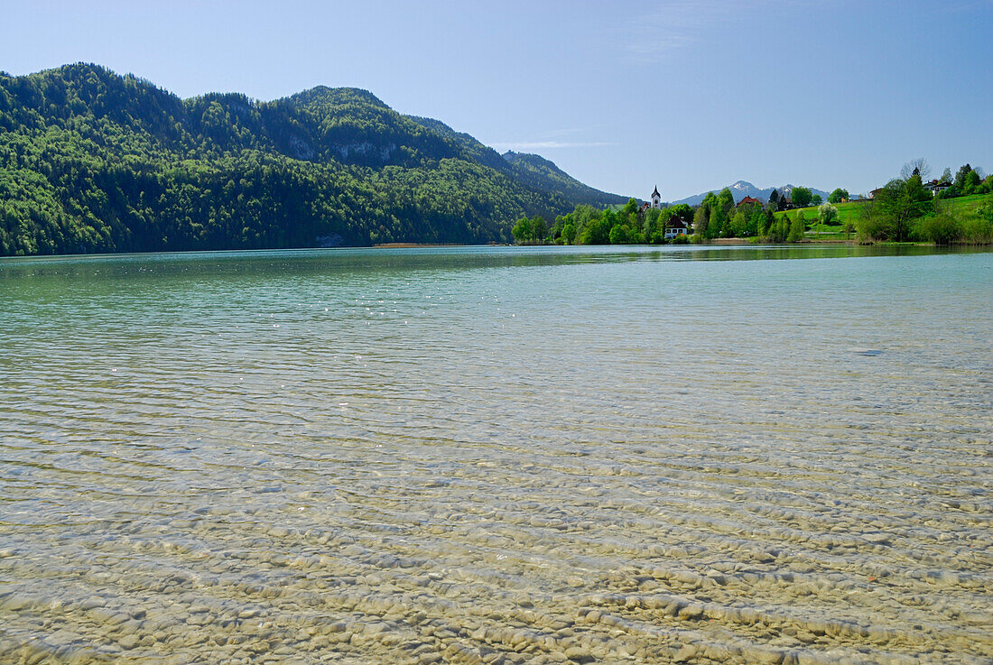 View over lake Weissensee, Fuessen, Allgaeu, Swabia, Bavaria, Germany
