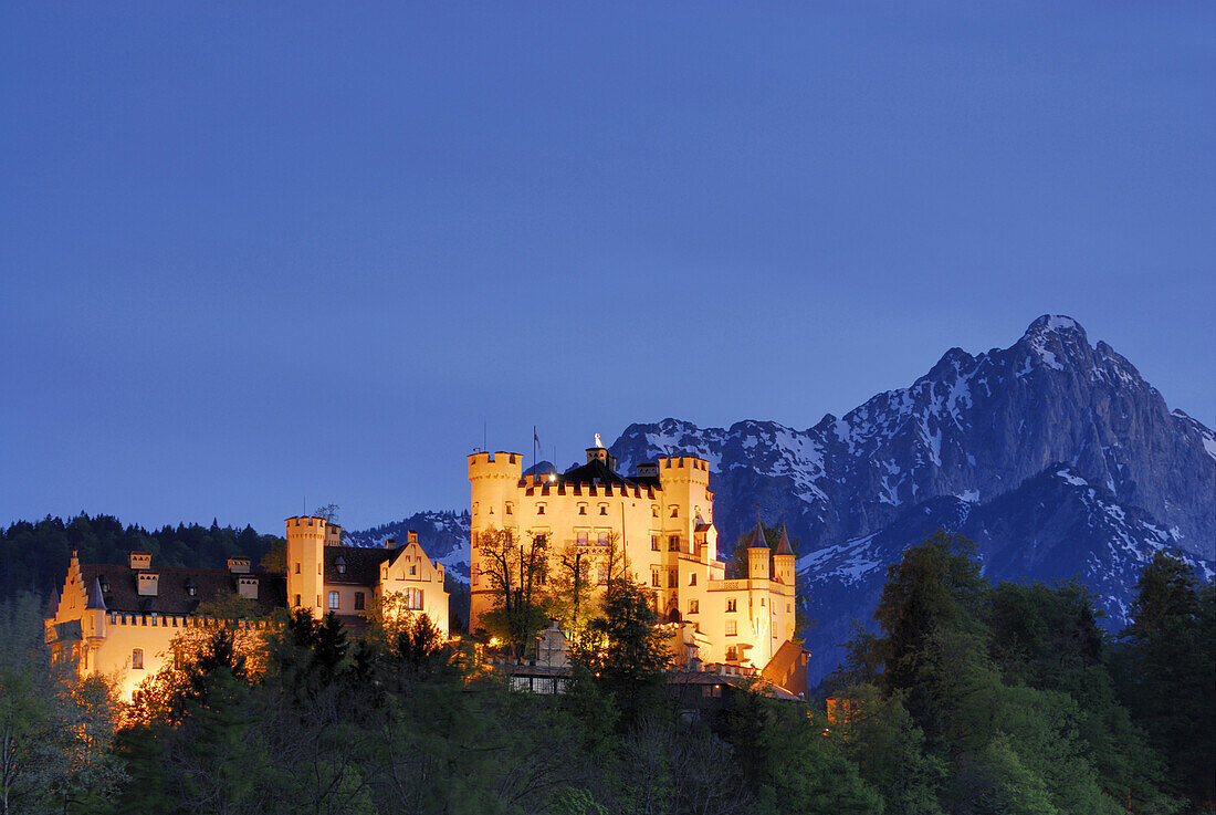 Illuminated Hohenschwangau Castle, Allgaeu, Swabia, Bavaria, Germany