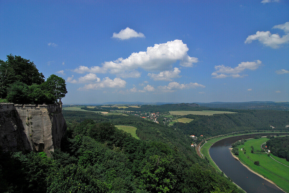 View from Koenigstein Fortress over river Elbe, Saxon Switzerland, Elbe Sandstone Mountains, Saxony, Germany