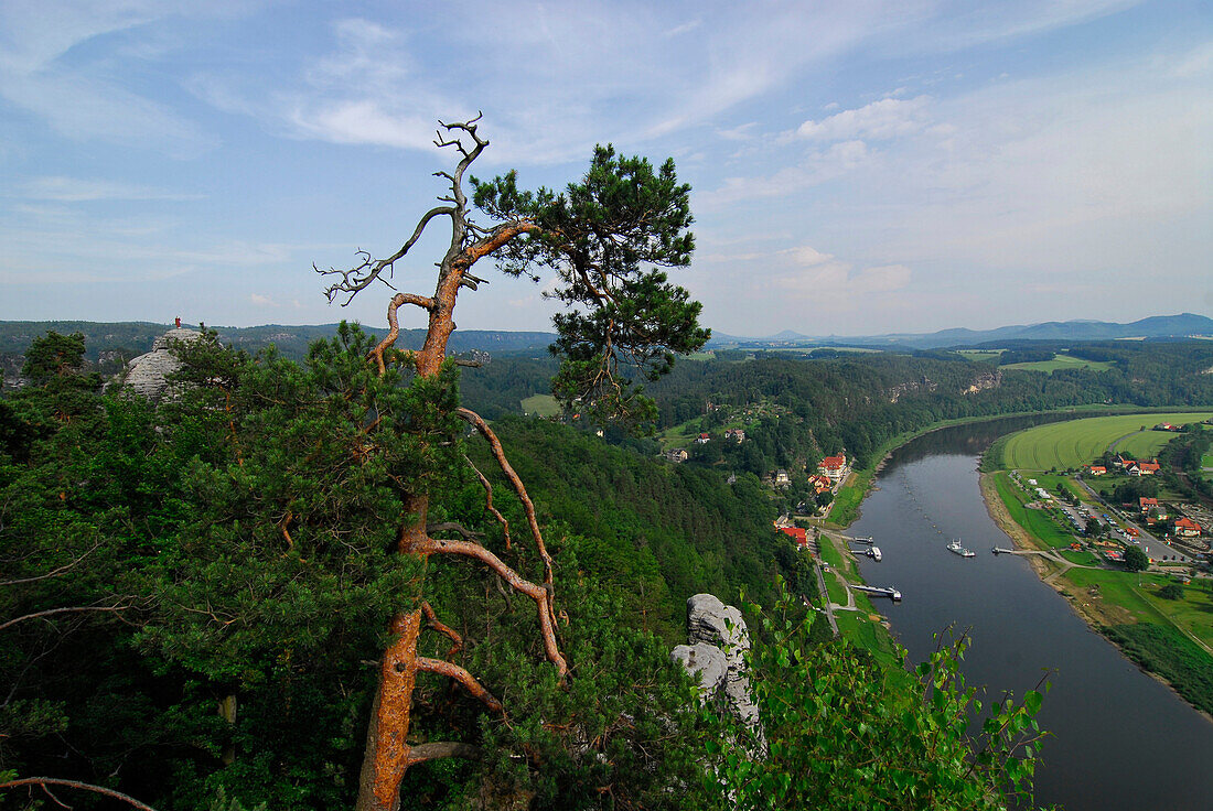 View from Bastei over river Elbe, Saxon Switzerland, Elbe Sandstone Mountains, Saxony, Germany