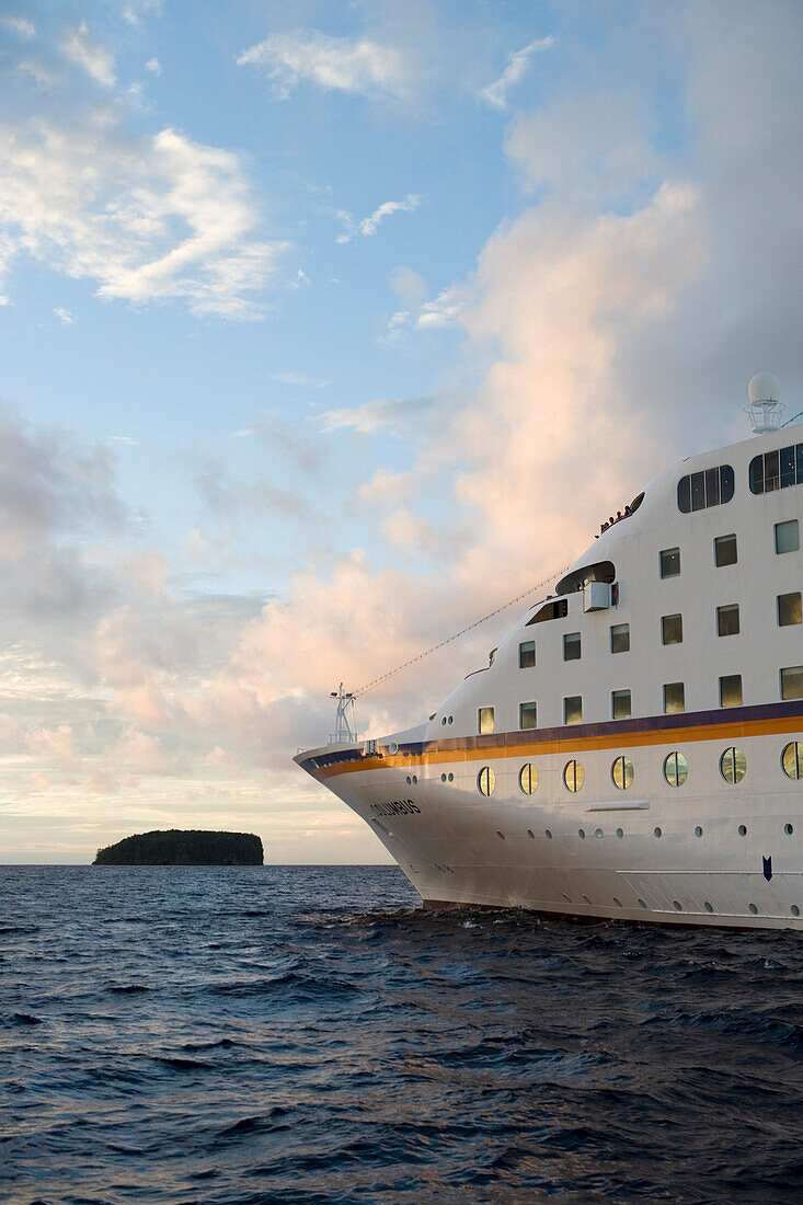 Cruiseship MV Columbus in the evening, Vava'u archipelago, Tonga, South Pacific, Oceania