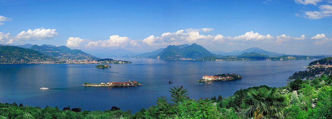 Panorama of lake Maggiore with Borromee isles, Isole Borromee, Isola Superiore, Isola Bella and Isola Madre, Stresa, lake Maggiore, Lago Maggiore, Piemont, Italy