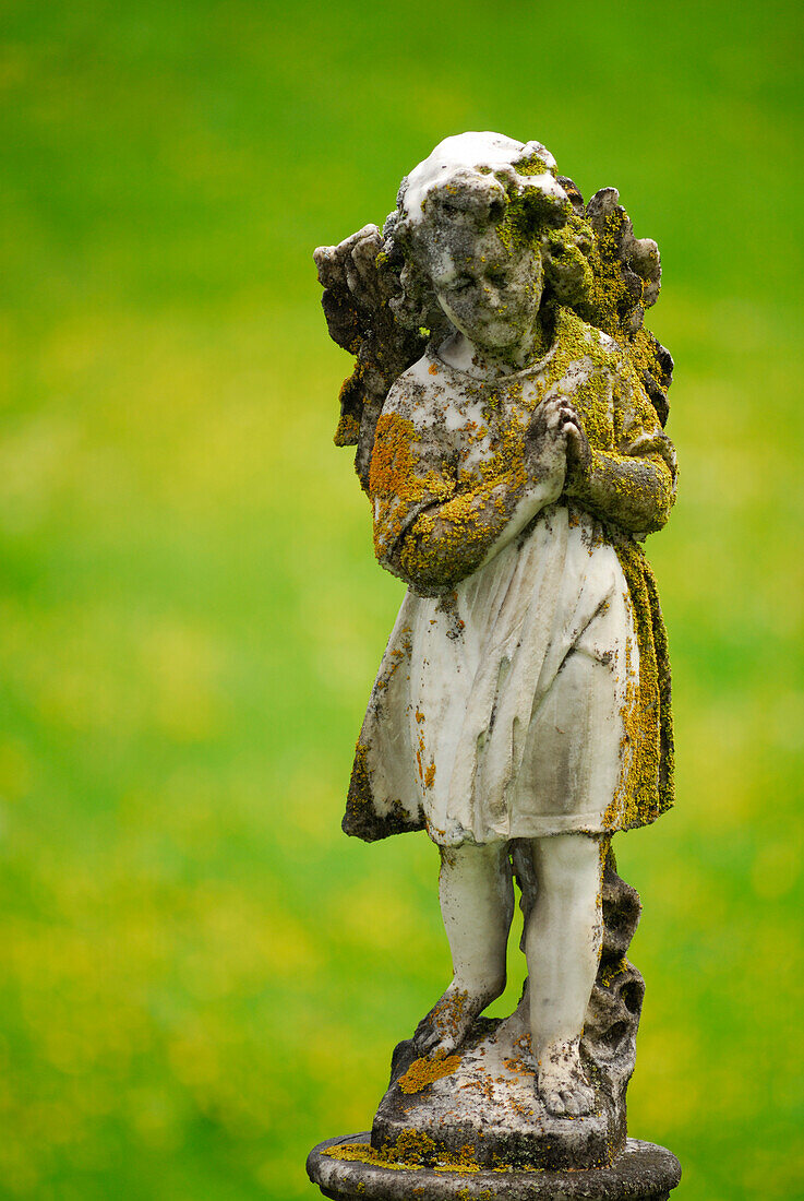 Marble Angel sculpture folding its hands, covered with lichen, Rossura, valley Leventina, Ticino, Switzerland