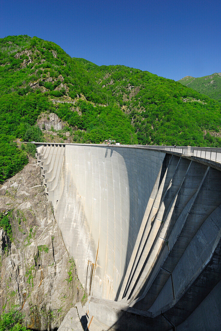 Dam at lake Vogorno, water power plant, Gordola, valley of Verzasca, Valle Verzasca, Ticino, Switzerland