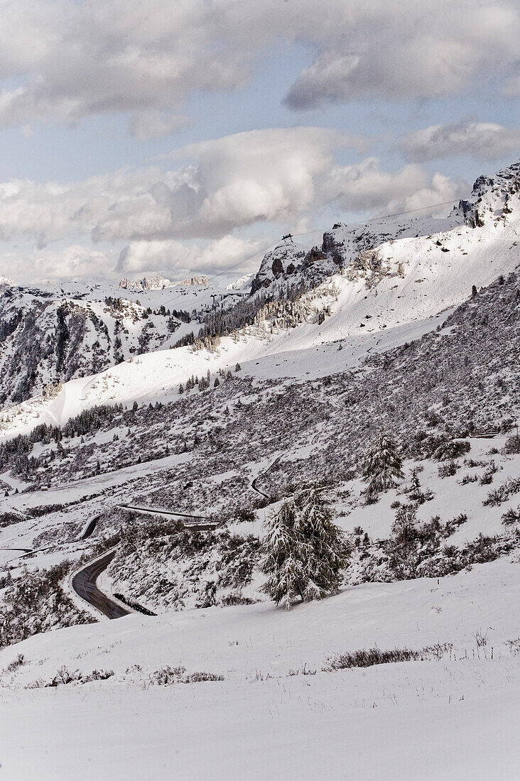 Straße führt durch verschneite Landschaft, Dolomiten, Trentino-Südtirol, Italien