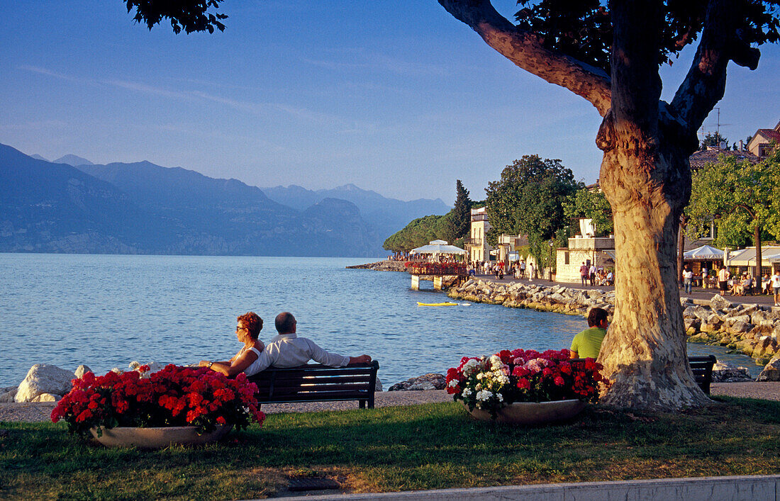 Mature couple sitting on a bench at the lakeside, Torri del Benaco, Lake Garda, Veneto, Italy, Europe