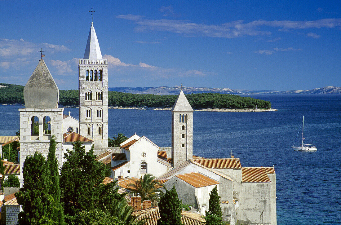 View over Bay of Kvarner and steeples in the sunlight, Rab island, Croatian Adriatic Sea, Dalmatia, Croatia, Europe