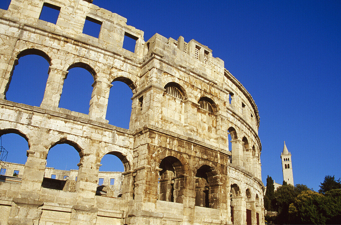 Römisches Amphitheater unter blauem Himmel, Pula, Kroatische Adriaküste, Istrien, Kroatien, Europa