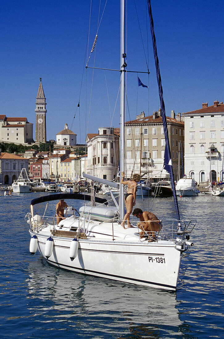 People on a sailing boat at the harbour, Piran, Adriatic Sea, Istria, Slovenia, Europe