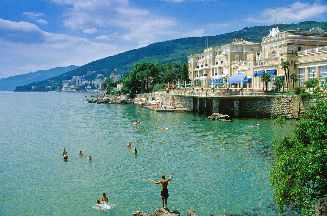 People bathing at the bay at Hotel Kvarner, Opatija, Croatian Adriatic Sea, Istria, Croatia, Europe