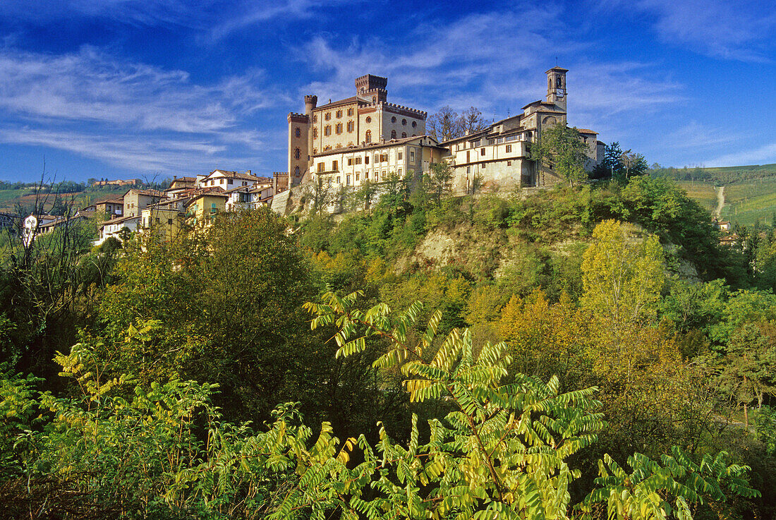 Castle on a hill under blue sky, Barolo, Piedmont, Italy, Europe