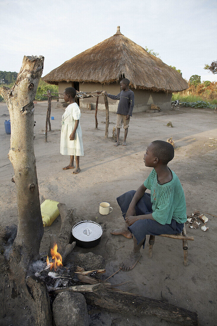 SOUTH SUDAN  Early morning scene on a farm homestead of Yei  Children helping cook breakfast on an open fire
