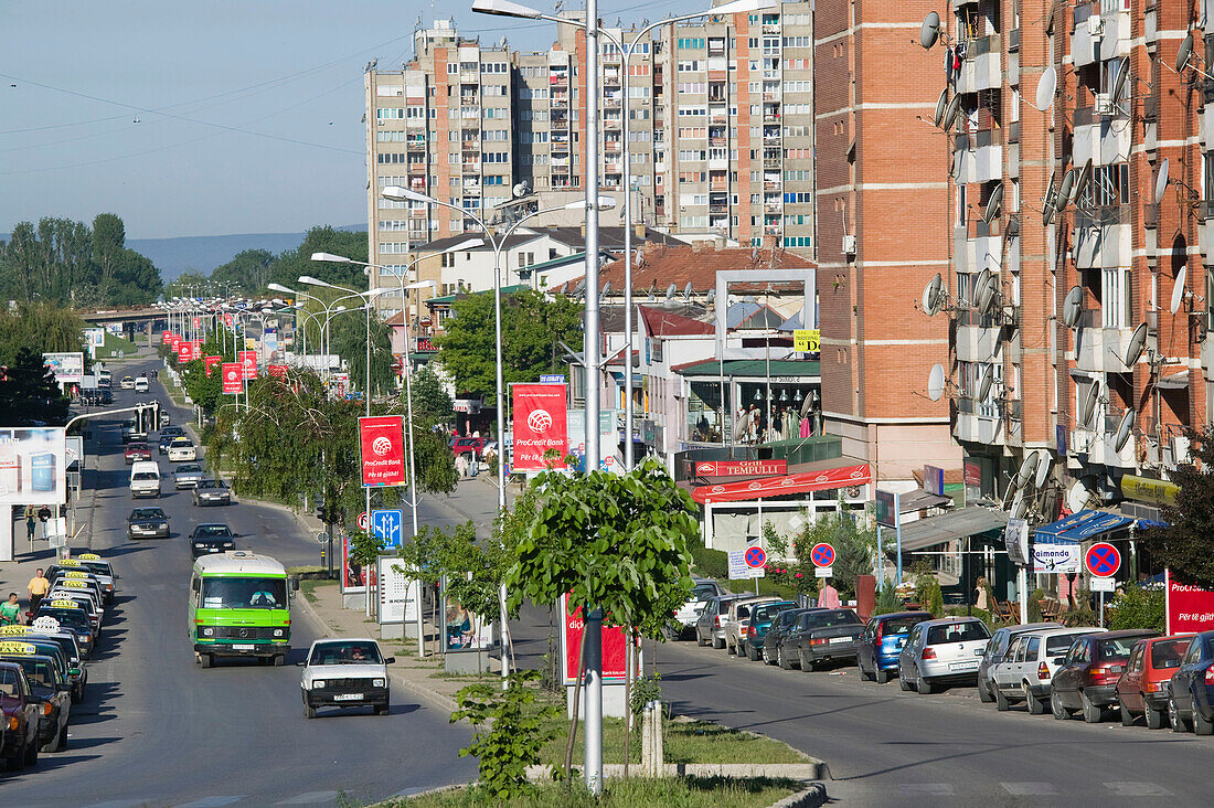 Kosovo. Prishtina. Traffic on Bill Clinton Street (named for the US President)