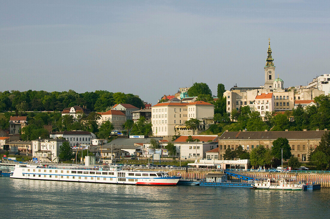 Serbia. Belgrade. Danube River Barges and Stari Grad (Old Town)