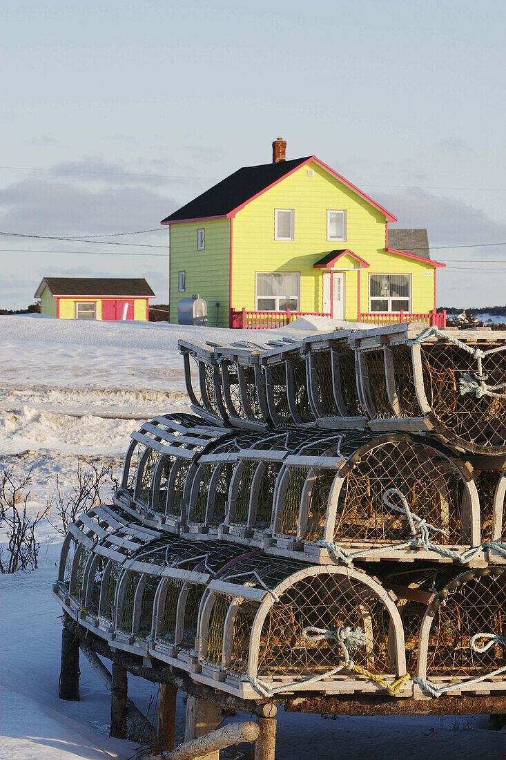 Lobster traps and house in Grindstone Island, Magdalen Islands, Quebec, Canada
