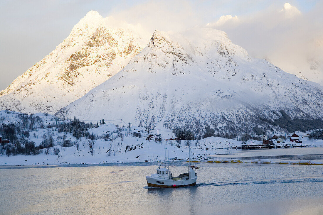 Fishing boat in bay in winter, Austvagoya Island, Lofoten Islands, Norway