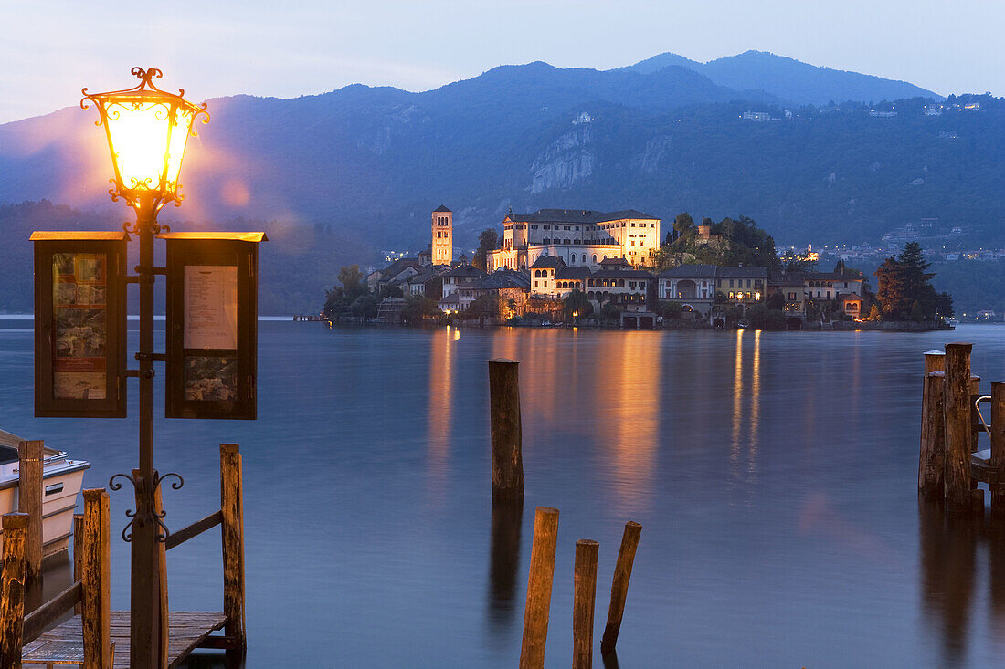 View of San Giulio Island from Orta San Giulio, Lake Orta, Italian Lakes, Piemont, Italy