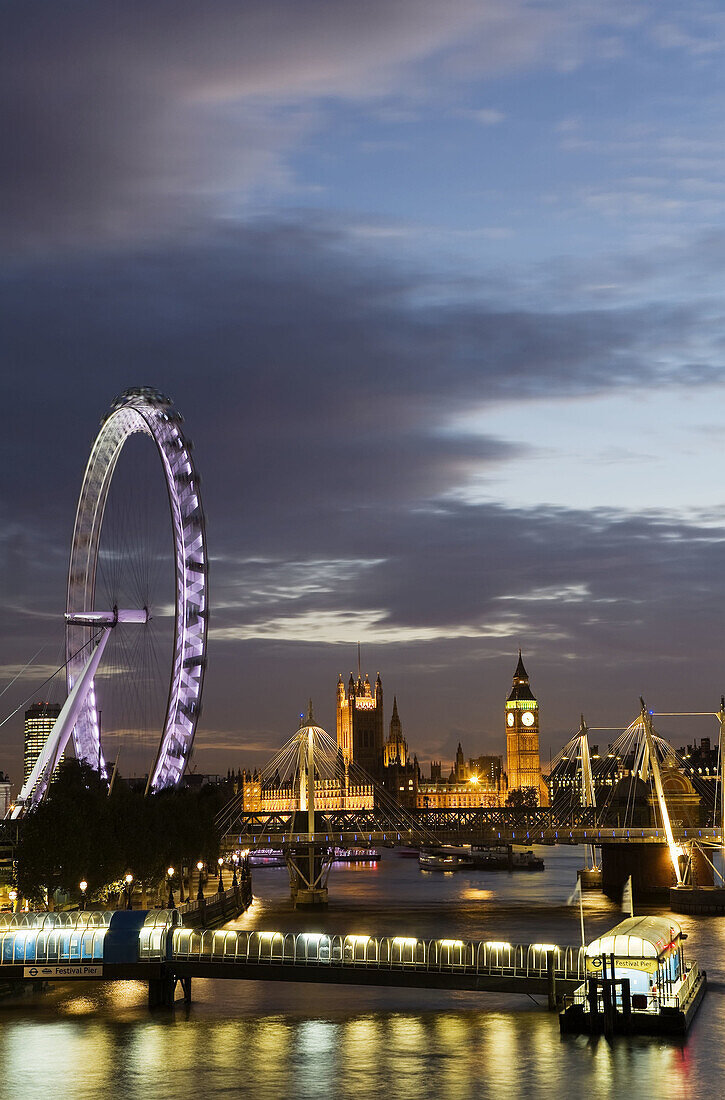 River Thames & London skyline & Millennium Wheel & Houses of Parliament
