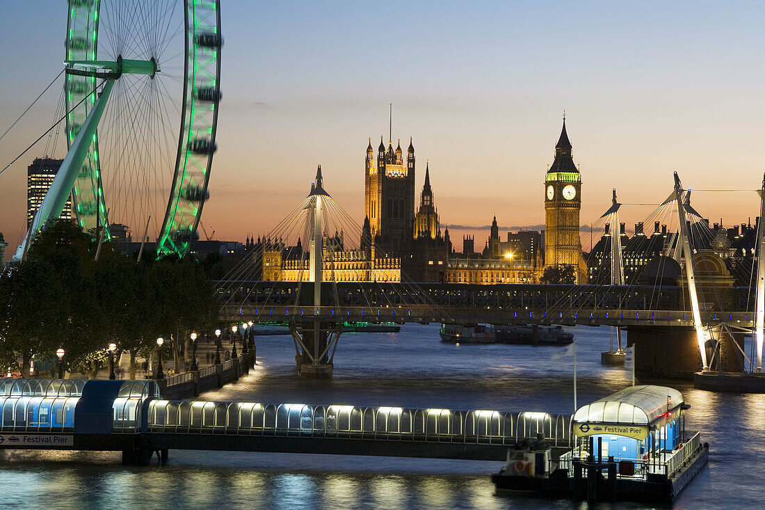 River Thames & Houses of Parliament & Millennium Wheel, London, UK