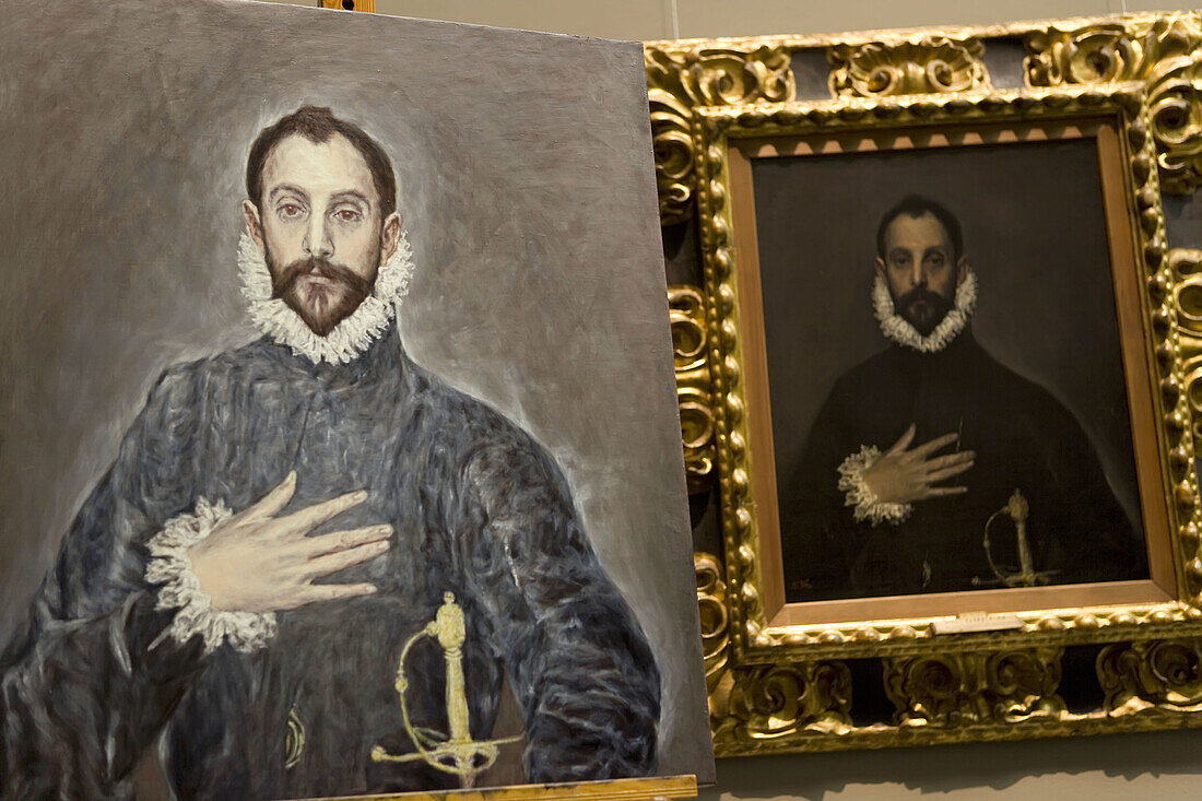 Copying The Grecos painting El caballero de la mano en el pecho (The Knight with His Hand on His Breast). Prado Museum. Madrid. Spain