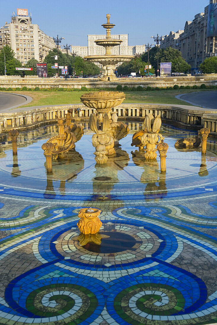 Piata Unirii Square & fountain & Palace of Parliment, Bucharest, Romania