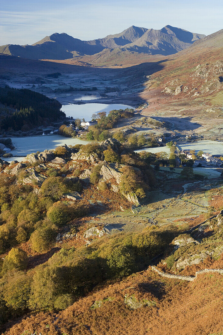 View to Lynnau Mymbyr & Mt Snowdon Horseshoe above Capel Curig, Snowdonia National Park, North Wales, UK