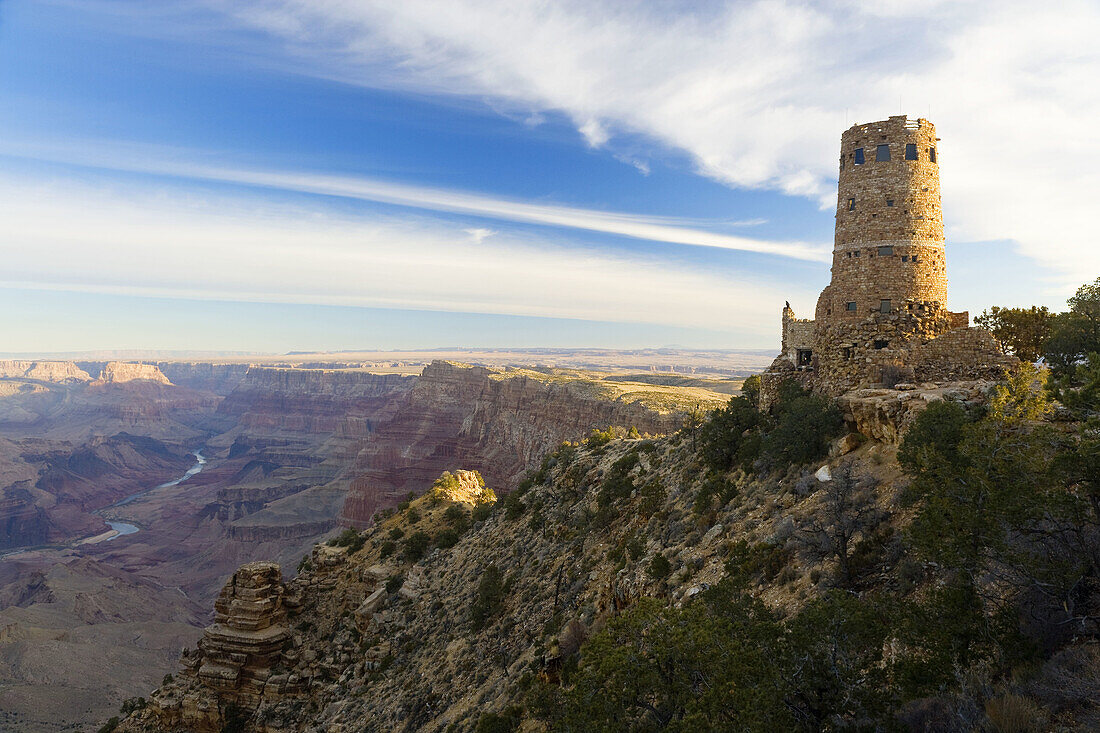 Desert Point, South Rim, Grand Canyon, Arizona, USA. Watchtower & view of Canyon early morning