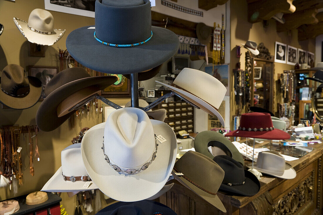 Cowboy hats, Santa Fe, New Mexico, USA. Cowboy hats in shop