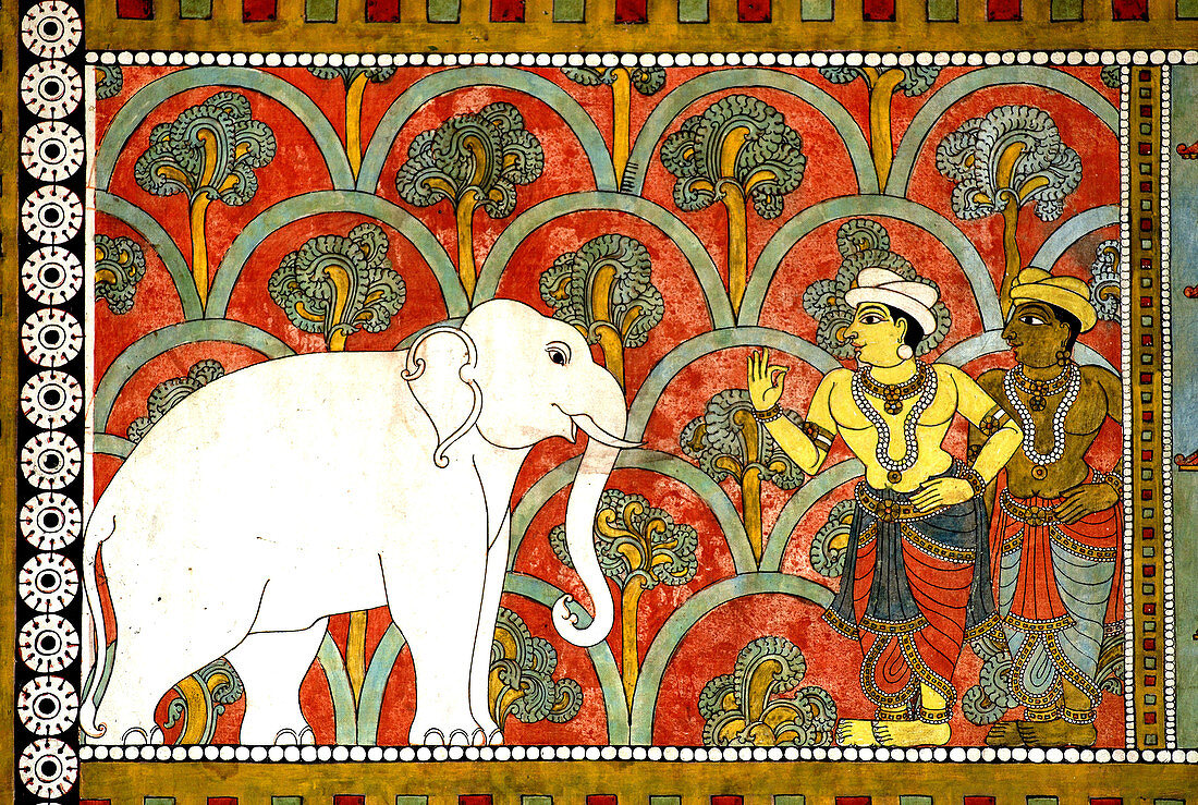 Mural. Iravatham, the white elephant of Indra, the king of Devas. India.