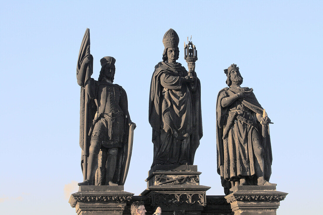 Statues of St Nobert, Wenceslas and Sigismund on Charles Bridge, Prague, Czech Republic