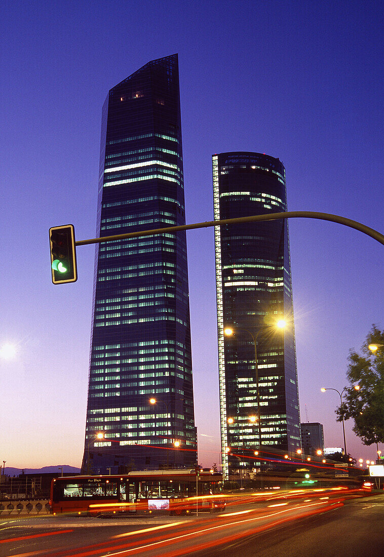 Cristal and Espacio towers, CTBA night view, Madrid, Spain