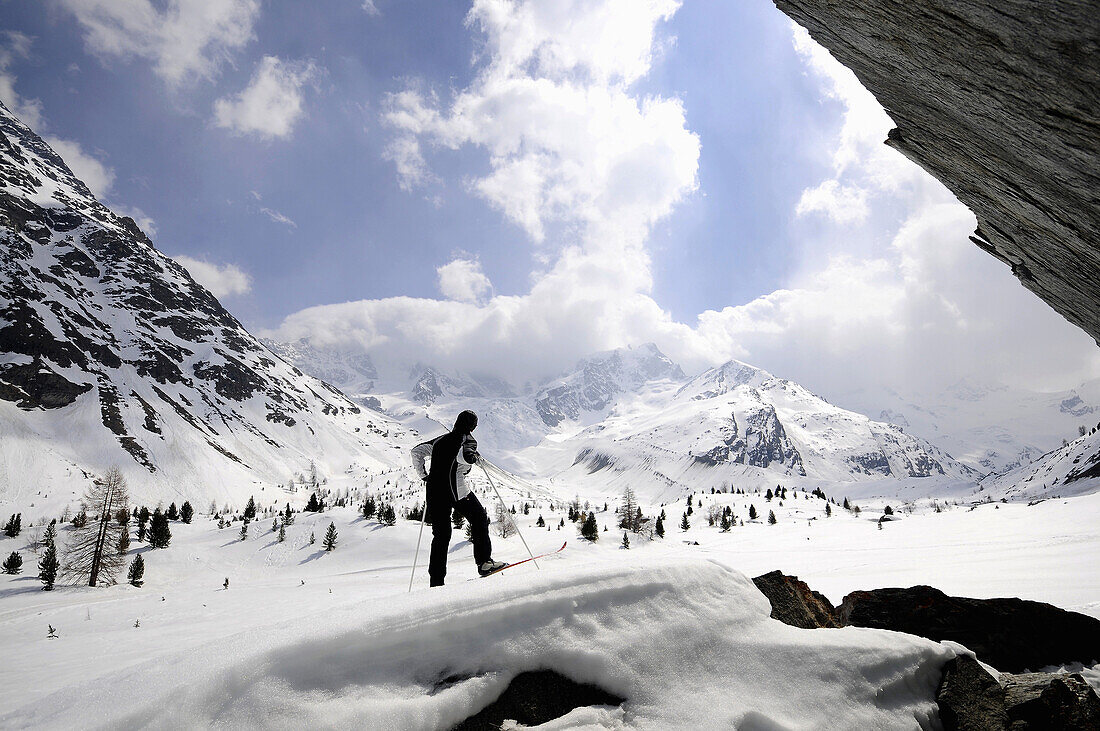 Skier in the Roseg valley, near Pontresina, Engadin, Grisons, Switzerland
