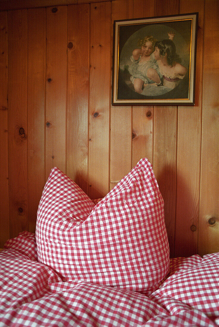 Checked bedclothes, bedding inside an alpine hut, Sleep, Mountain, Alps