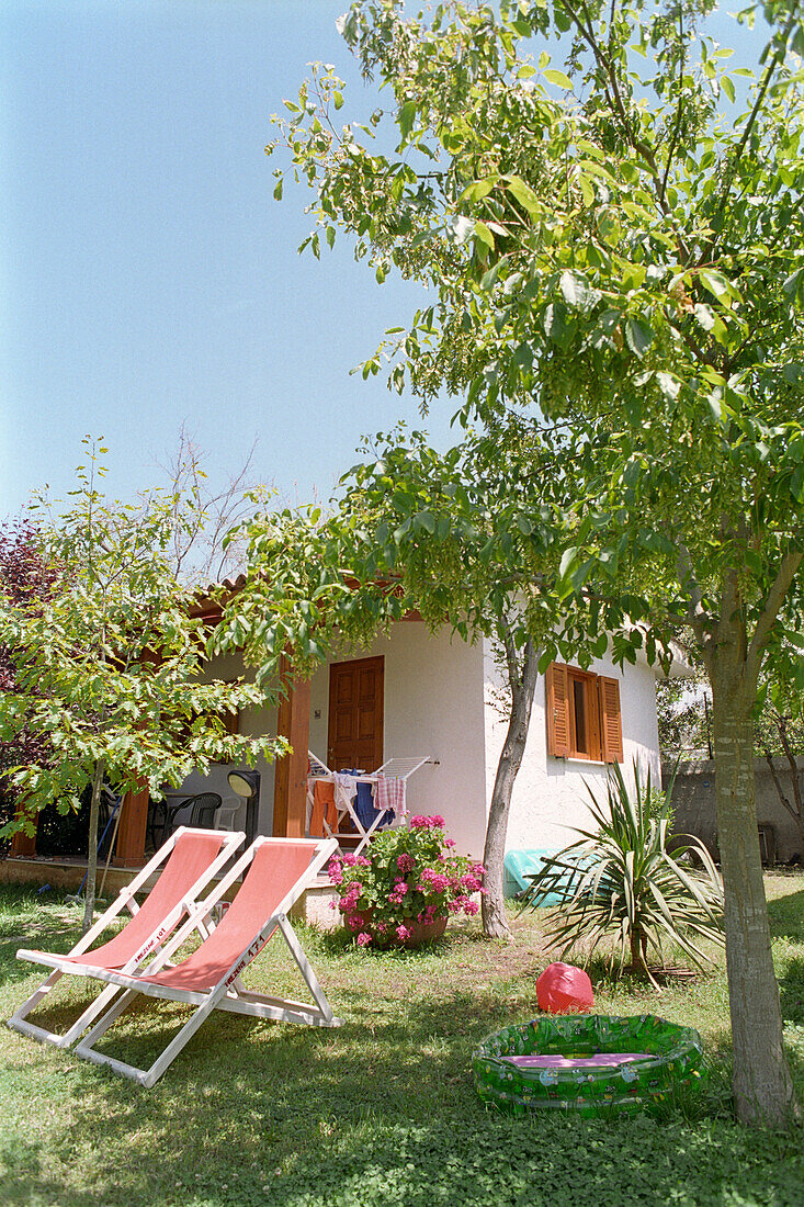 Deck chairs in the garden, house, holiday house, Castellabate, Cilento, Italy
