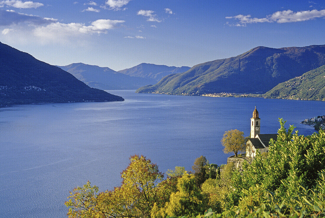 View over the church of Ronco sopra Ascona to the Lago Maggiore, Ticino, Switzerland, Europe