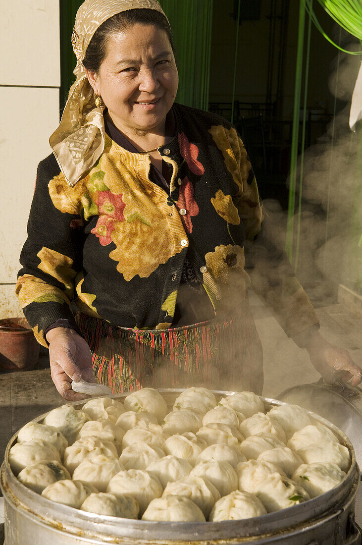 Fresh dumplings are being steamed in a local restaurant in Hami, Xinjiang, west China