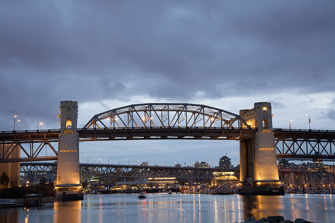 Burrard Street Bridge and Granville Island at dusk, Vancouver, British Columbia, Canada