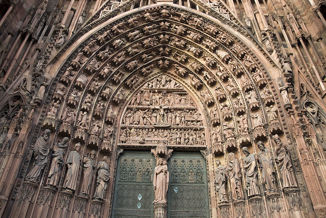 Main façade of cathedral detail, Strasbourg. Alsace, France