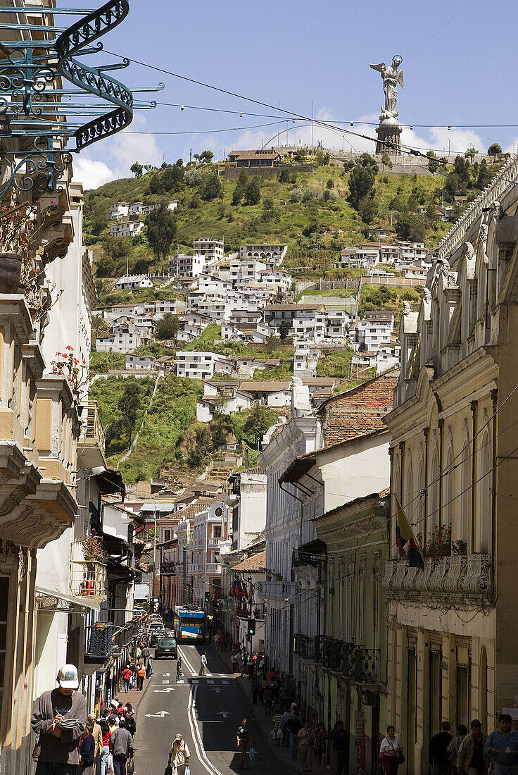 Ecuador.Quito.Historical center.Street  Guayaquil and The Panecillo With Virgin of Quito.