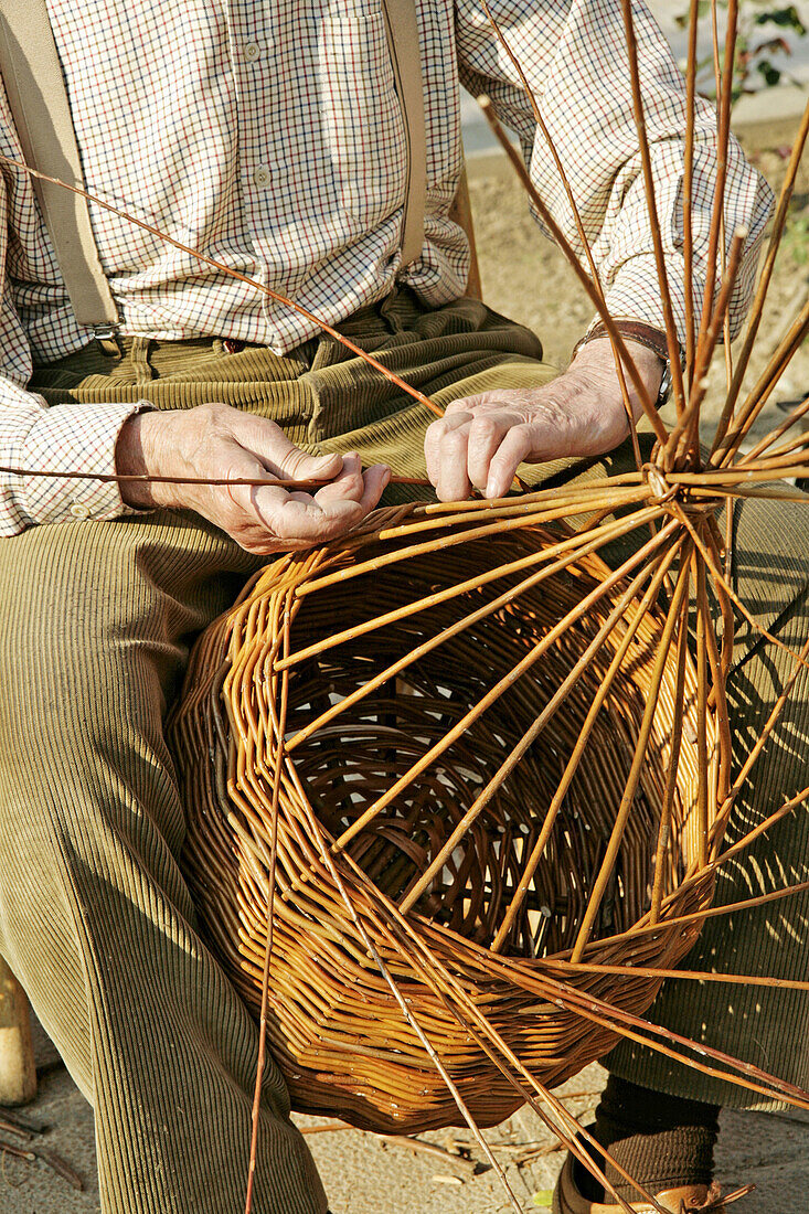 Traditional basketwork in a medieval market. Mollerussa,  Lleida,  Spain.
