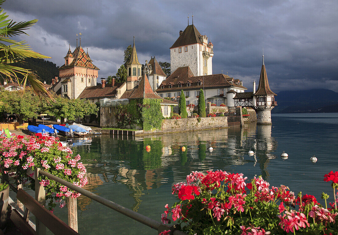 Palais Oberhofen at the village of Oberhofen at Lake Thun,  Thunersee,  canton Bern,  Switzerland