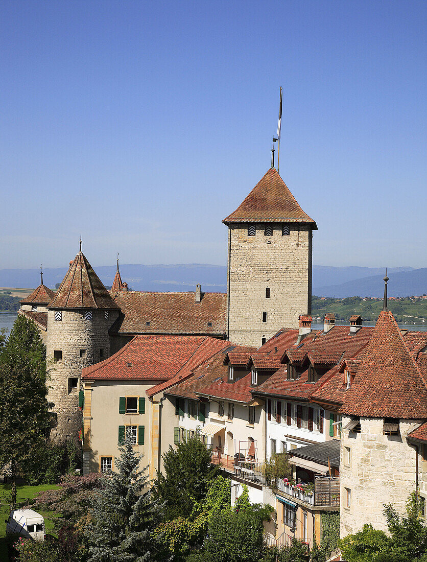 castle and citywall of Murten,  Morat,  canton of Fribourg,  Switzerland