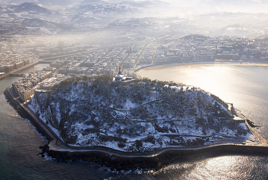 Berg Urgull, Schnee, Donostia (alias San Sebastian). Guipuzcoa, Baskenland, Spanien