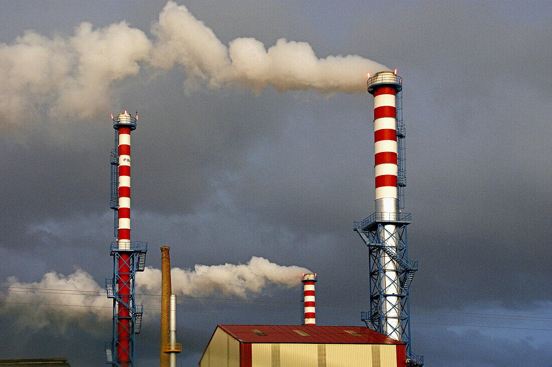 Spain. Castile-La Mancha. Ciudad Real province. Villarta de San Juan,  olive oil factory. Chimney.