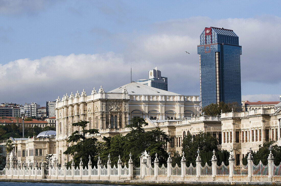 Facade of Dolmabahce Palace and the Ritz Carlton Hotel facing the Bosphorus Besiktas Istanbul Turkey
