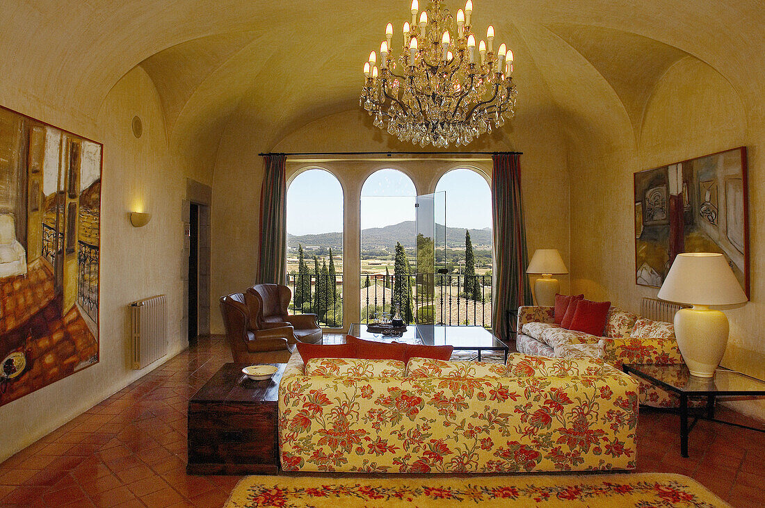 Hall in Mas de Torrent hotel. Girona province,  Catalonia,  Spain