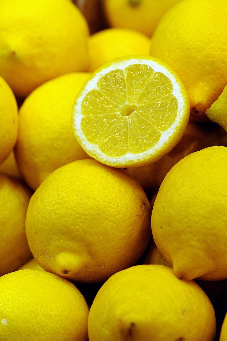 Lemons at La Boqueria market, Barcelona. Catalonia, Spain